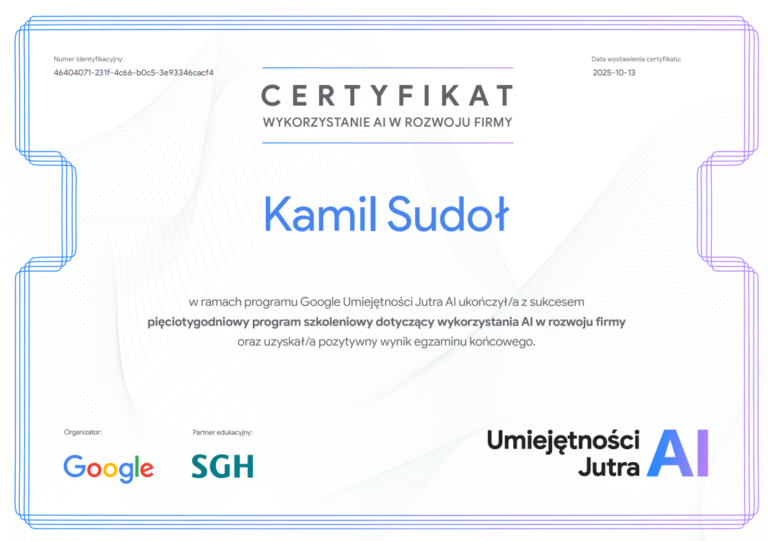 Certyfikat wykorzystanie AI w rozwoju firmy Kamil Sudoł