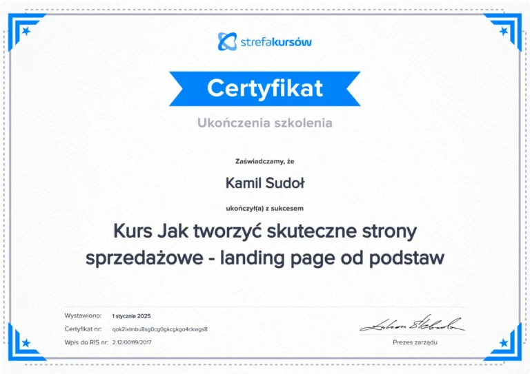 Certyfikat Jak tworzyć skuteczne strony sprzedażowe - landing page od podstaw