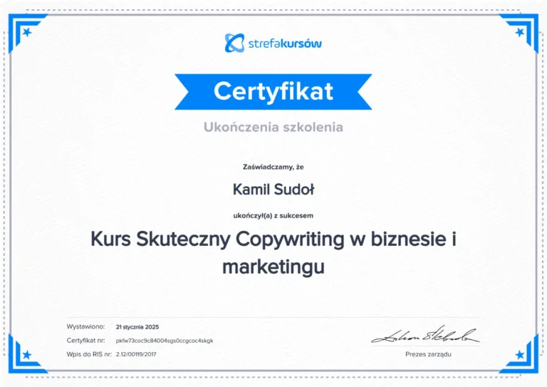 Certyfikat Skuteczny Copywriting w biznesie i marketingu