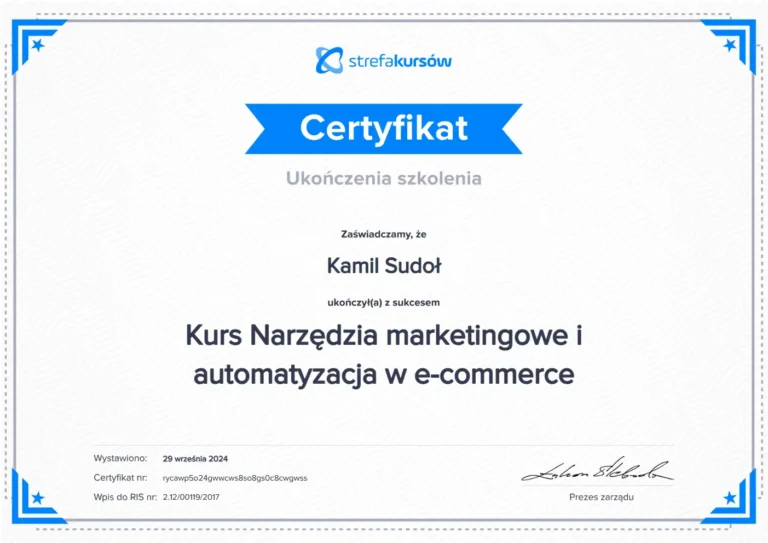 Certyfikat Narzędzia marketingowe i automatyzacja w e-commerce