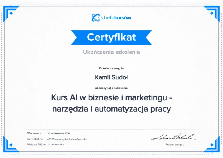 Certyfikat AI w biznesie i marketingu - narzędzia i automatyzacja pracy