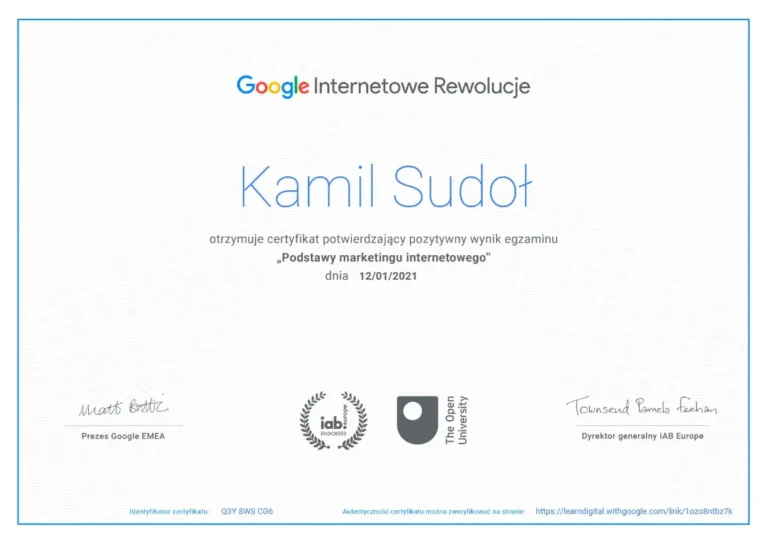 Certyfikat Google Internetowe Rewolucje